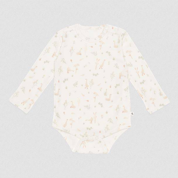 Little Dutch Bodysuit long sleeves Little Goose White bodijs baltā krāsā ar zosu un ziedu apdruku 50/56 izm.