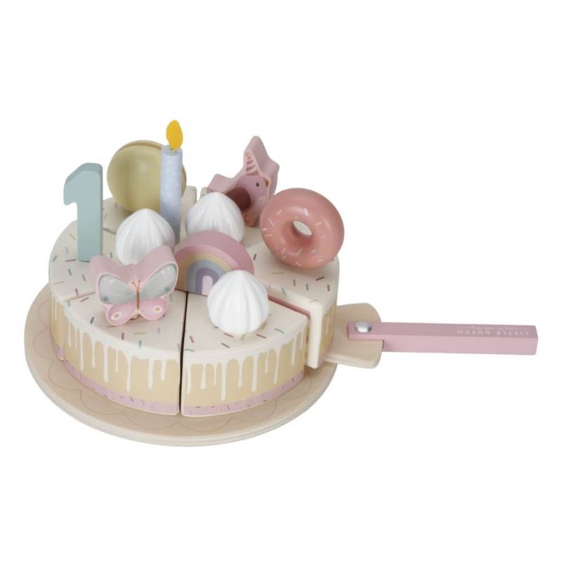 Little Dutch wooden birthday cake pink FSC koka dzimšanas diena kūka ar cipariem un dekorējumiem