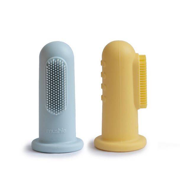 Mushie Finger Toothbrush silikona zobu tīrīšanas un smaganu masāžas uzpirkstenis, Powder Blue/Pale Daffodil